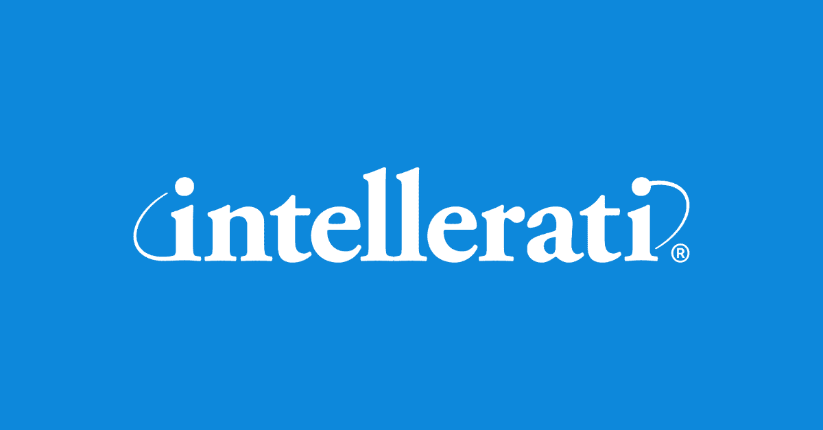 Intellerati logo in white text on blue background